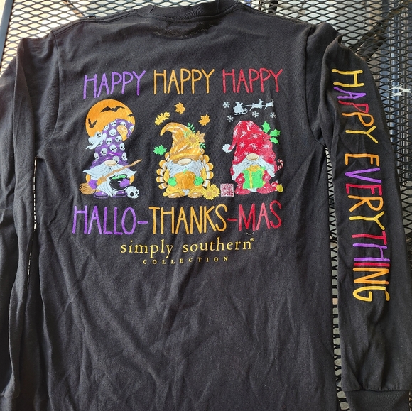 Simply Southern Black Hallo-Thanks-Mas Happy ECWMMLong Sleeve Tee - Picture 1 of 5